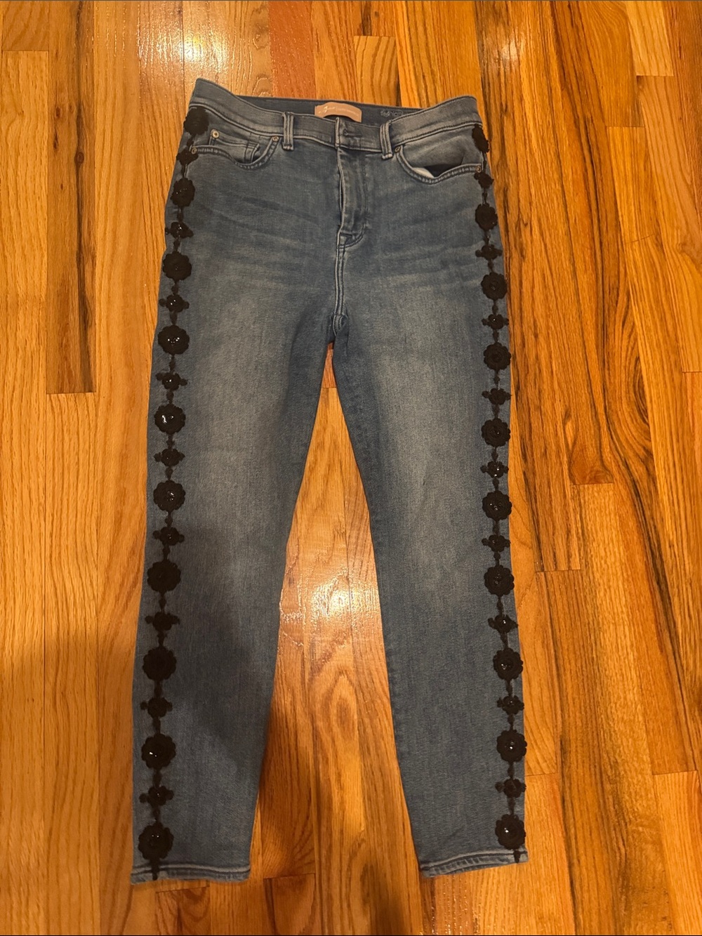 7 for all mankind Women’s Blue Denim Jeans with Black Floral Side Trim